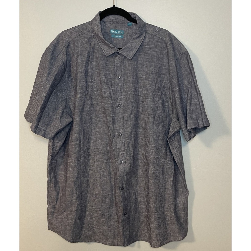 Men's Linen Blend Tenth + Ocean XXL Button Down Collared Shirt Blue Vacation EUC